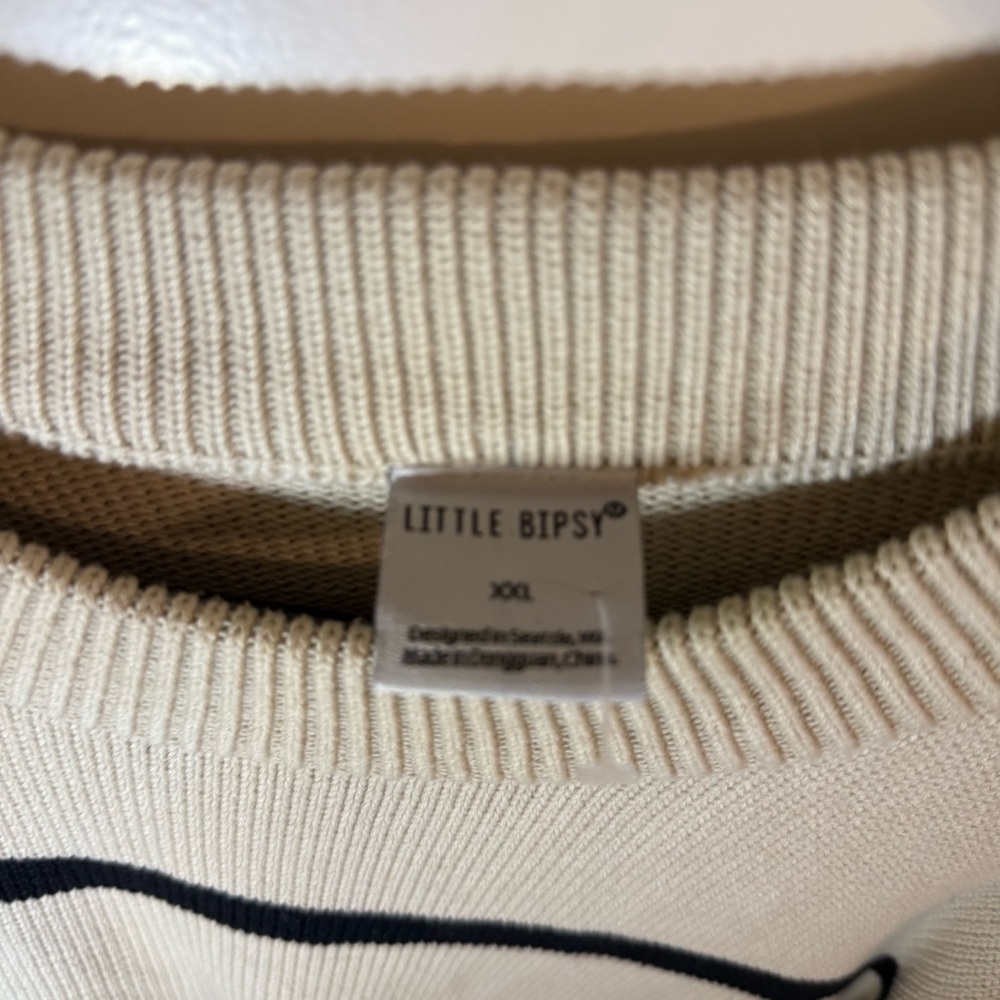 Little Bipsy Striped Knit Sweater Beige & Black Crewneck XXL Minimalist Neutral - Picture 3 of 4
